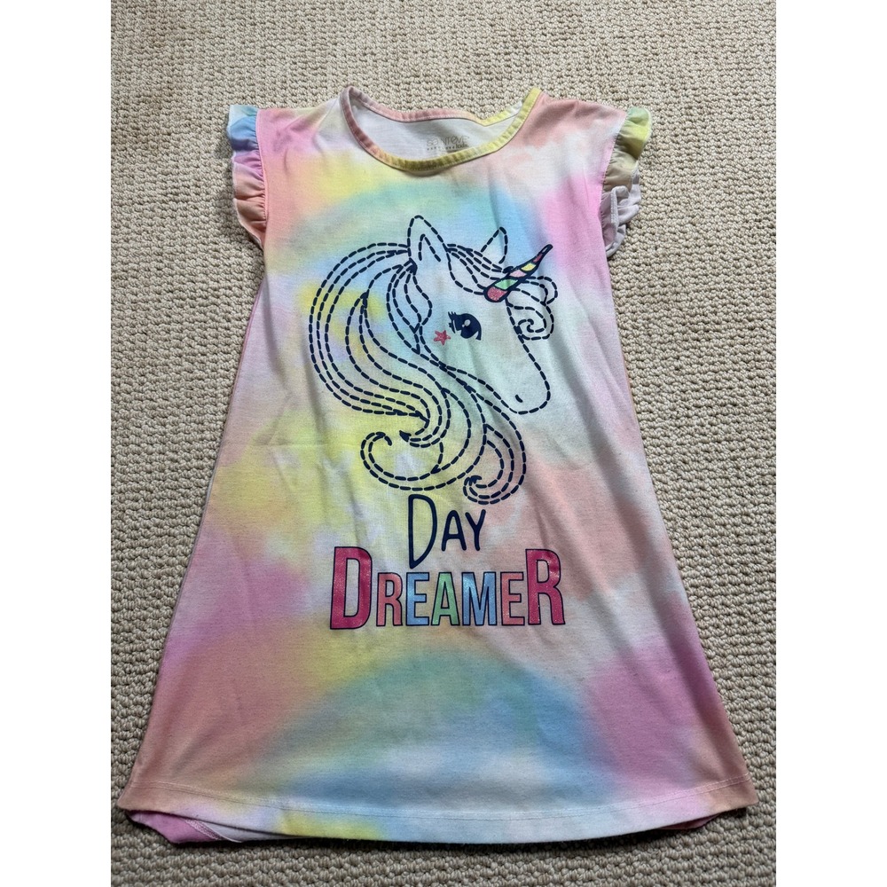 Saint Eve Kids Nightgown Girls Size Small Rainbow Unicorn Tie‎ Die Ruffle Sleeve